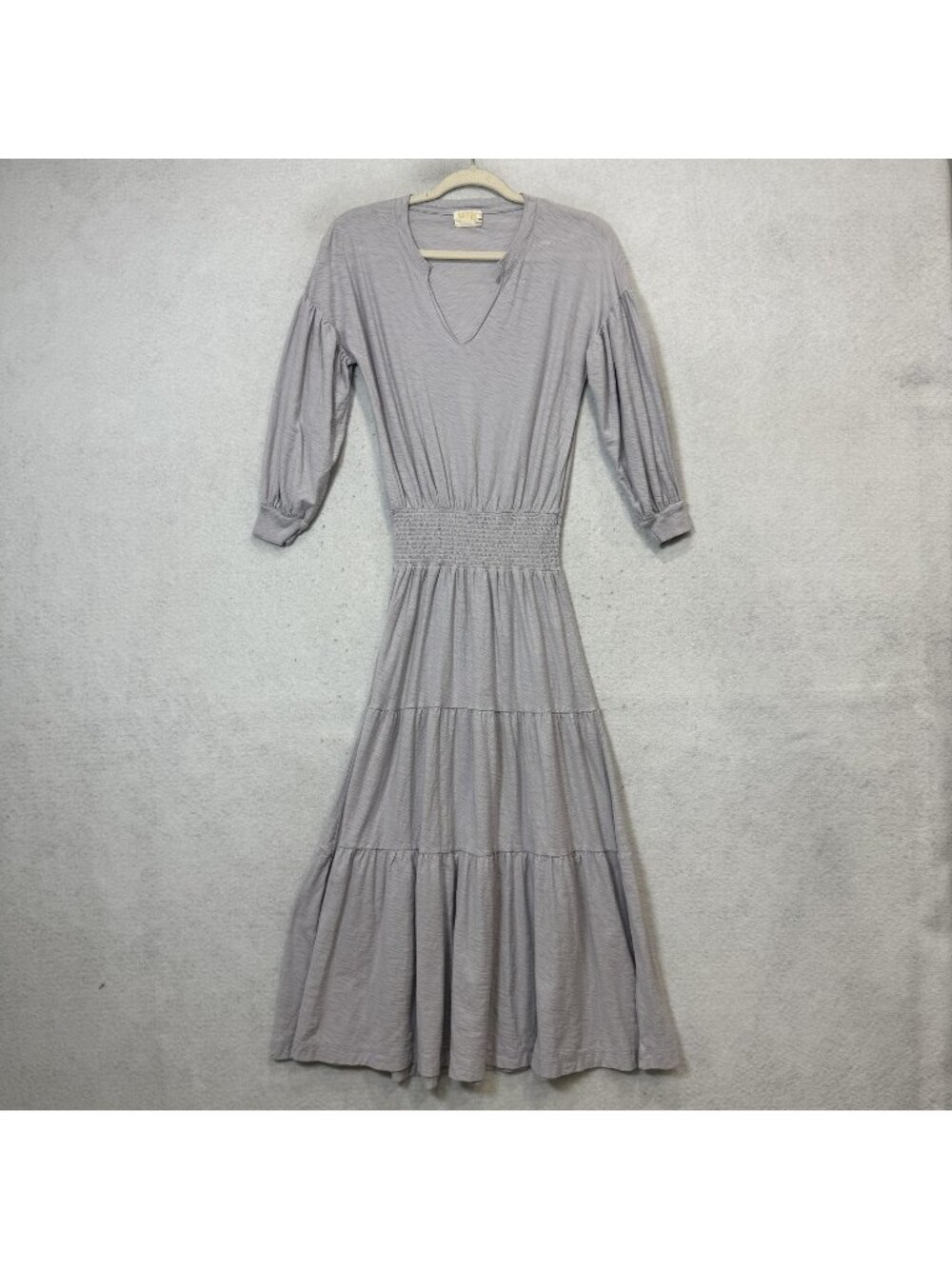 Nation LTD Dress Womens XS Purple V Neck Smocked Tiered Maxi Pima Cotton Jersey